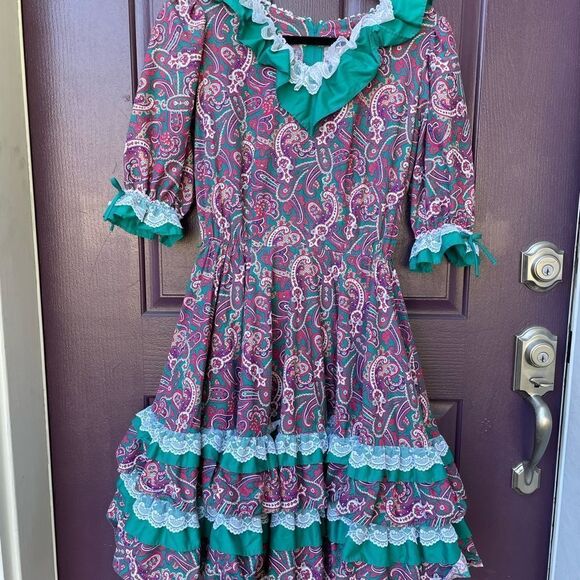 Vintage 80’s Square Dancing Paisley Print Dress Green and Dark Pink With Lace - Picture 14 of 16